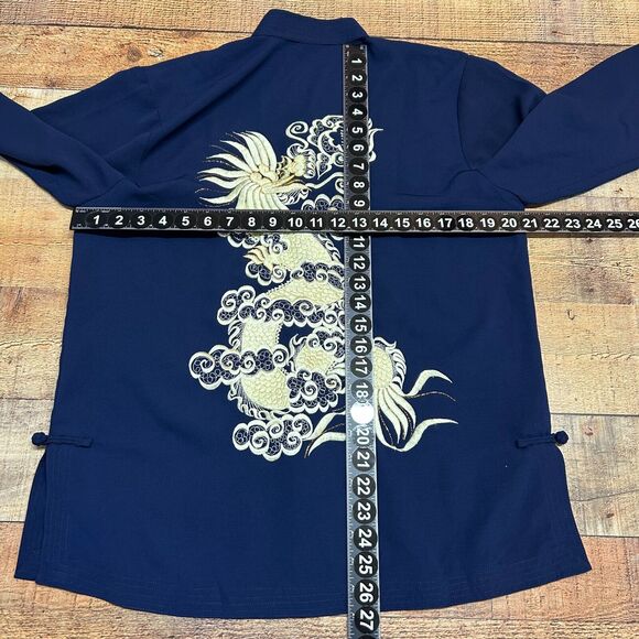 New Fashion Chinese Tang Jacket Shirt Mens Medium Blue Embroidered Silk Dragon - Picture 5 of 8